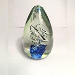 Paperweight Hand Blown Art Glass Blue Spiraled Egg